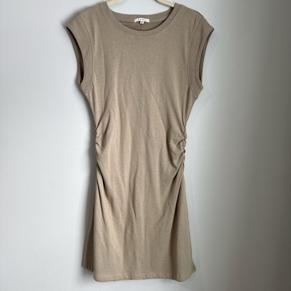 Z Supply Sleeveless Ruched-Side Knit Mini Dress in Taupe